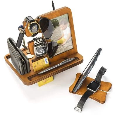Estación de Acoplamiento de Teléfono de Madera Mesita de Noche Organizador para Hombres Teléfono Tableta Reloj Hol Foto 1 de 4