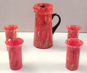 VTG Czech Spatter Art Glass Ice Tea Pitcher & 4 Glasses- Orange w/Black Accents - Picture 1 of 10