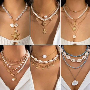 Beach Theme Beaded Necklace Layered Pearl Starfish Shell Jewellery Boho Fashion - Picture 1 of 11
