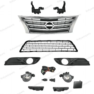 For Sentra 2013-2015 Bumper Upper Chrome Grille/Lower Mesh/Fog light Kit/Bracket - Image 1 of 4