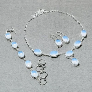 Faceted White Milky Opal Oval Shape Gemstone Gift Solitaire Necklace Jewelry Set - Picture 1 of 8