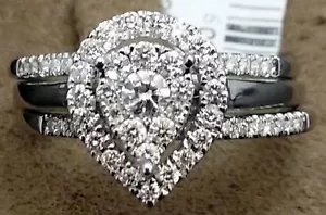 White Gold Halo Vintage Style Diamonds Bridal Set Wedding Ring Double Band - Picture 1 of 12