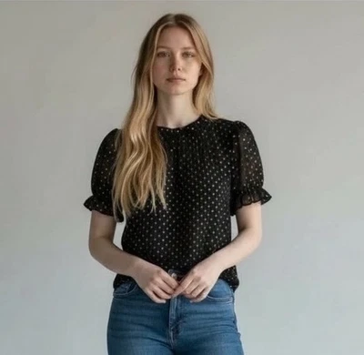 J. Blusa Top Crew Negra Dorada Punto Transparente Manga Abullonada Cuello Calado Talla Mediana Foto 1 de 4