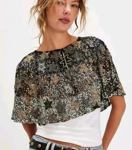NEW SOLD OUT Free People Black Beaded Star Of The Show Cape Shawl NWT OS - Picture 1 of 5