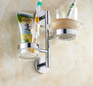Bathroom Brass Toothbrush Toothpaste Holder Wall Mount Two Glass Cups+Soap Dish - Picture 1 of 8