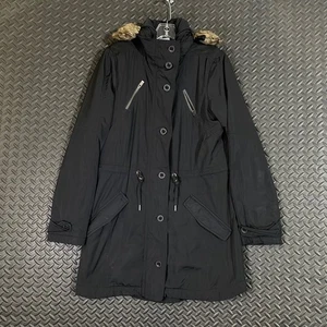 Athleta schwarzer langer Wintermantel mit durchgehendem Reißverschluss und Knöpfen und Kapuze Damengröße Medium - Bild 1 von 8