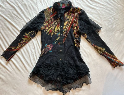 Винтажный сохранить королева сетки разноцветный искусства блузка рубашка кнопка L - Изображение 1 из 4