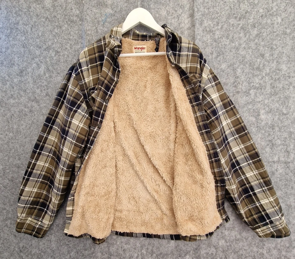 WRANGLER Sherpa Shirt Plaid Flannel Lined Worker Outdoor Green Shacket Men L - Image 1 of 4