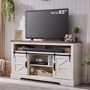 Farmhouse TV Stand for 65+ Inch TVs, Rustic Highboy with Barn Door - Picture 1 of 42