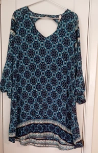 NWT Roper Women's Large Blue Boho Dress 3/4 Bell Sleeve Keyhole Back Geometric - Picture 1 of 11
