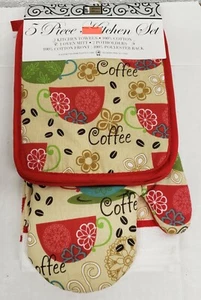 5pc KITCHEN SET: POT HOLDERS, TOWELS, & OVEN MITT, COFFEE CUPS, red by BH - Picture 1 of 6