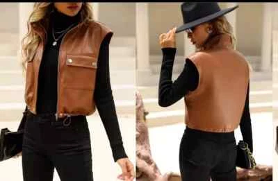 Women Brown Biker Stylish Western Fancy Waist Coat Lambskin Leather Vest Coat - Image 1 of 4