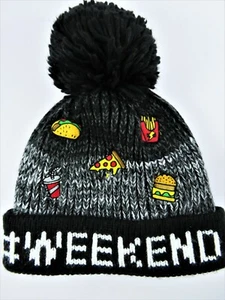 Place #WEEKEND Knit Cap Beanie Embroidered Fast Food Theme Pompom Kids L-XL - Picture 1 of 12