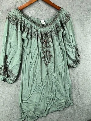 Mini Vestido Túnica Pequeño Boho Verde Con Cuentas Bordado Verde Krista Lee para Mujer Foto 1 de 4
