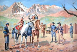 Rare Oil Painting - "Native Americans Arrive at a Military Fort in Wyoming" - Picture 1 of 20