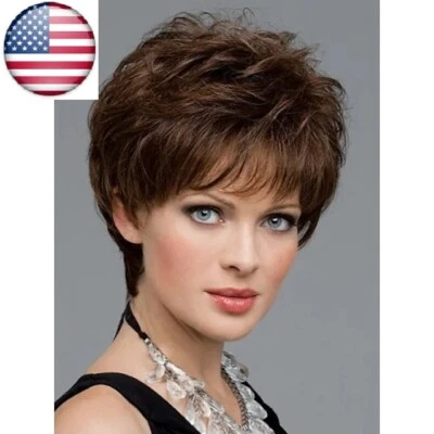 Women Natural Short Wigs Curly  Bob Hair Wavy Wigs Brown Black Wig - Image 1 of 4