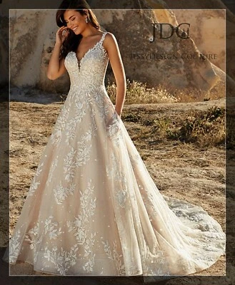 Leaves Lace Wedding Dress Bridal Gown Custom made 4-16 Plus Large Blush Backless - Image 1 of 4