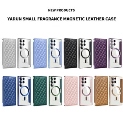 Luxury Wireless Charge Grid Leather Cover Case For S25 S24 S23 S22 A16 A15 A56 - Image 1 of 4