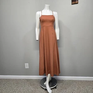 OPT Midi Sundress Dress Size XS Brown Criss Cross Tie Back Flax Viscose Blend - Picture 1 of 6