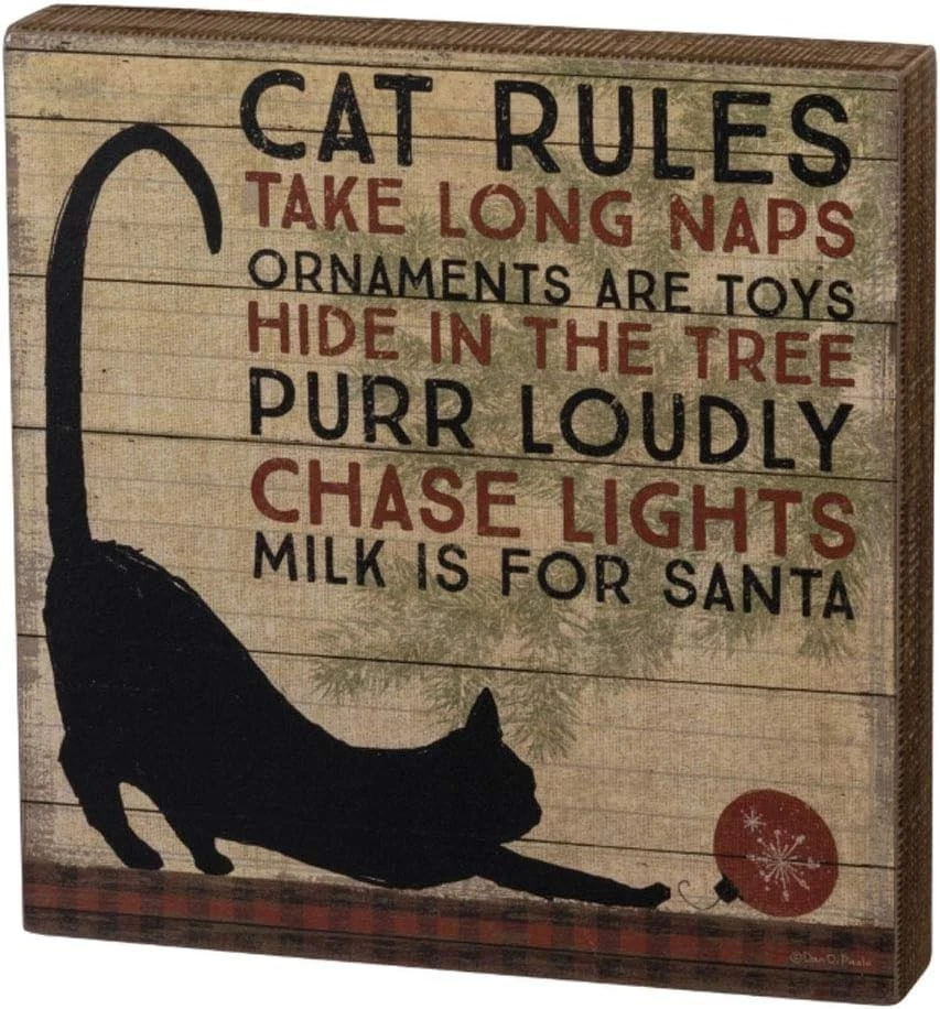 Primitives by Kathy Holiday Box Sign Cat Rules Christmas Decor Lover Rustic Gift - Image 1 of 1