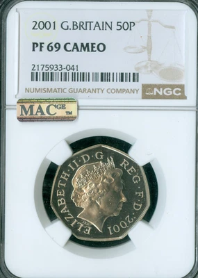 2000 GREAT BRITAIN 50 PENCE NGC PF69 CAMEO MAC FINEST GRADE & SPOTLESS POP-1 . - Image 1 of 2
