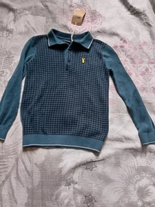 Next Boys Teal Blue Dongstooth Checked Long Sleeves Polo Knit Shirt Top 6 Years - Picture 1 of 3
