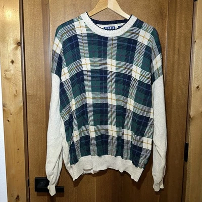 Vintage Trader Bay Plaid Sweater Mens Knit Cotton Made USA Geometric 2XL - Image 1 of 4