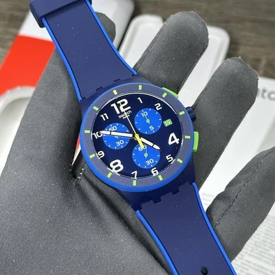 Swatch Chrono Bleu Sur Bleu Navy Blue Date Dial Men's Silicone Watch SUSN409 - Image 1 of 4