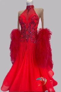 BW47 Pluma Mujer Salón Vals Tango Vestido Estándar Reino Unido 8 EE. UU. 6 Rojo - Imagen 1 de 4