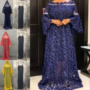 Women Muslim Lace Flower Scarf Long Dress Elegant Wedding Evening Loose Gown Set - Bild 1 von 28