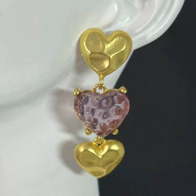 Gripoix Style Heart Earrings Purple Poured Resin Dangle Matte Gold Tone Pierced - Image 1 of 4