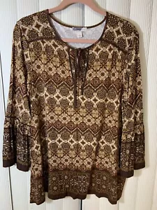 DB Established 1962 Women’s Knit Top,Size L, Brown, 3/4 Sleeves, Tie Neck - Picture 1 of 8