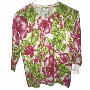 Passports Size L Women’s Cardigan Floral Sweater Red White Green Sequins EUC - Picture 1 of 10