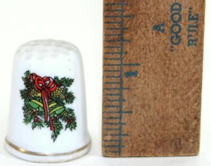 Vintage White Fine Porcelain Christmas Bells, Holly Wreath & Ribbon Thimble - Picture 1 of 5