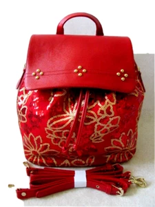 Joan Boyce Red & Gold Sequin Floral Embellished Studded Backpack Purse - NWT - Picture 1 of 10
