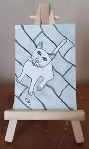 ACEO Original White Cat On Patio Painting Signed Collectible Miniature Art ATC - Picture 1 of 1