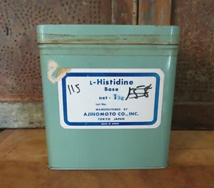 Vintage Empty First Aid Medical Tin Metal L-Histidine Base Light Green Paint - Imagen 1 de 7