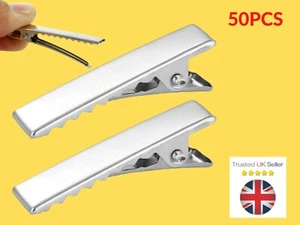 50 Pcs - ALLIGATOR CLIPS 45mm SILVER METAL CROCODILE FOR HAIR BOWS BARRETTE UK - Picture 1 of 3