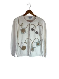 Vintage Women’s L White Button Cardigan Embroidered Knitting Sewing Cottagecore - Picture 1 of 11