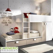 Cameretta bambini ragazzi 2 letti soppalco completa CLARK bianco tortora