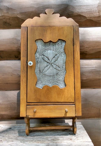 Antique Primitive Punched Tin Wooden Wall Cupboard Spice Shelf Medicine Cabinet Cover