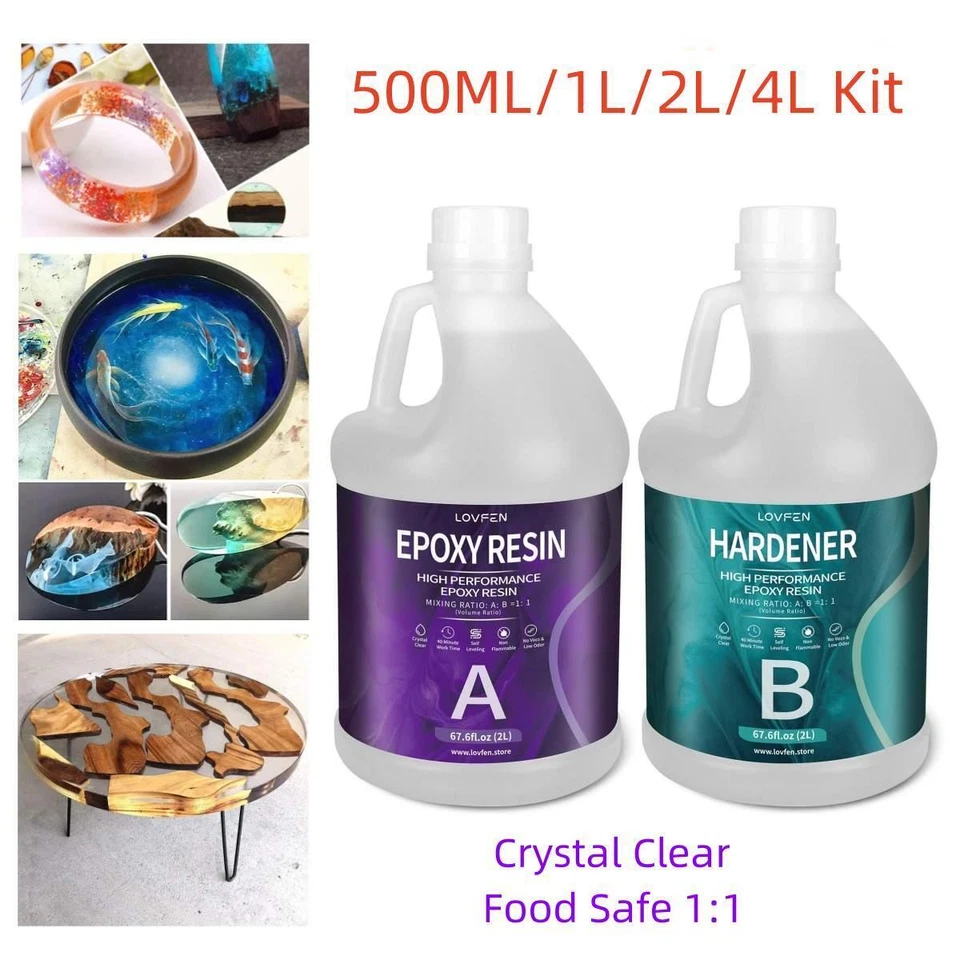 LOVFEN Crystal Clear Epoxy Resin 500ml 1L 2L 4L 2 Gallons Kit Food Safe 1:1 Fast Cure