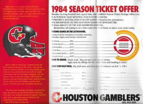 HOUSTON GAMBLERS 1984 USFL SEASON TICKET BROCHURE-FIRST YEAR- ASTRODOME Cover