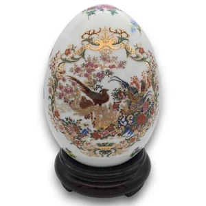 Chinesisches Satsuma Porzellan Ei Pfau Design Kirschoptik Holzständer Ostern Vintage - Bild 1 von 10