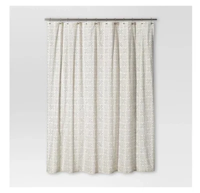 Cortina de ducha con formas de umbral crema agria 100 % algodón ojal líneas de puntos Foto 1 de 4