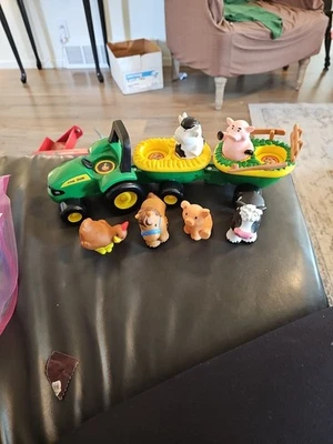 John Deere Tomy 3 Piece Tractor and Trailer Set W/6 Animals Sounds Hayride - Image 1 of 4