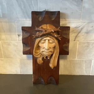 Vintage handgeschnitztes Holz Kreuz 3-dimensional Jesus Gesicht Dorn der Kronen Italien - Bild 1 von 18