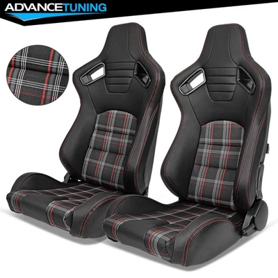 Universal Pair Of Reclinable Black Racing Seats + Dual Slider Red Stitching Foto 1 de 4