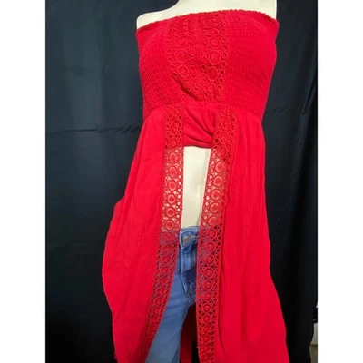 Women's Red Strapless Smocked Boho Dress Swim Cover Up Crochet Trim - Image 1 of 3
