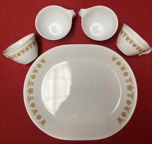 Set 5 Corelle Butterfly Gold Hook Cups and Oval Platter, Nice Condition - Picture 1 of 5